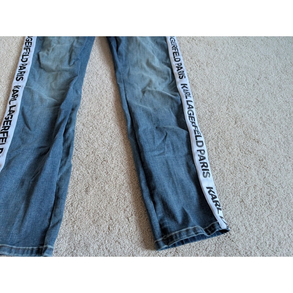 Karl Lagerfeld Blue Denim Side Stripe Straight Leg Pants Womens 12 Logo Tape - Picture 3 of 15